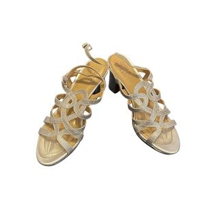 Naturalizer Metallic Silver Strappy Mid Block Heel Sandals